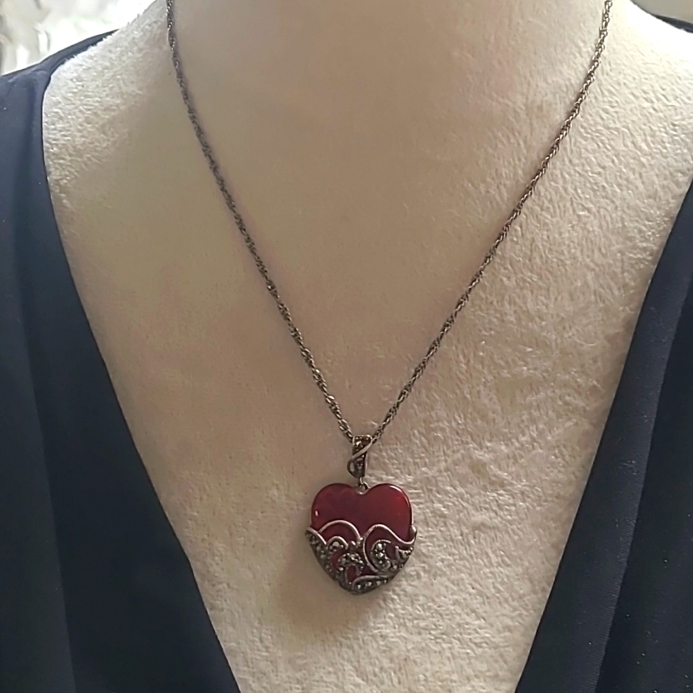 Valentine's Day!! Sterling silver marcasite red heart necklace